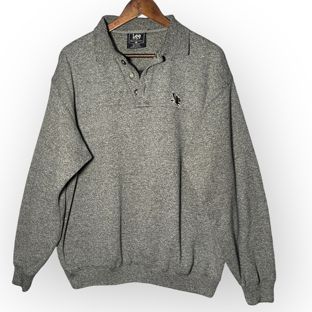 Lee Sport Polo Sweatshirt Mens Large Gray Heathered Eagle Embroidered Excellent